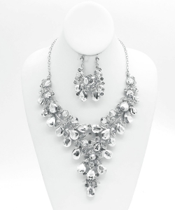 Teardrop necklace and earring set NB810065 SILVER CLEAR